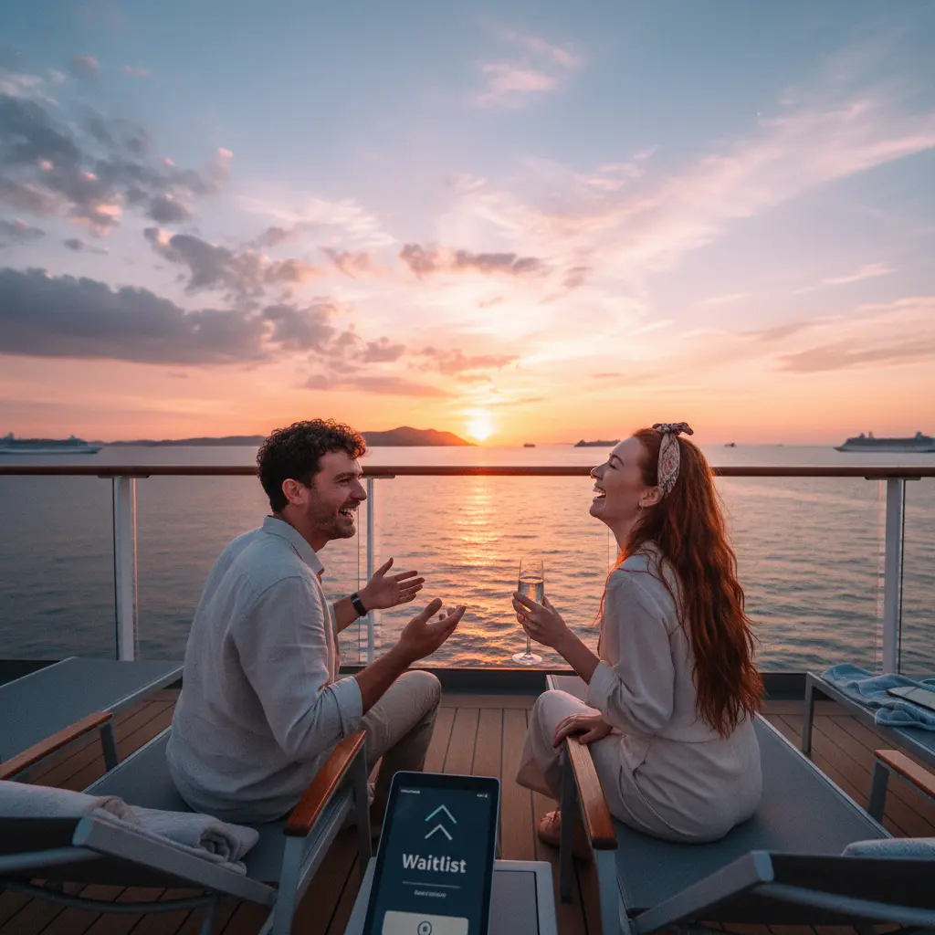 Deux amis riant et regardant un coucher de soleil sur un bateau de croisière.