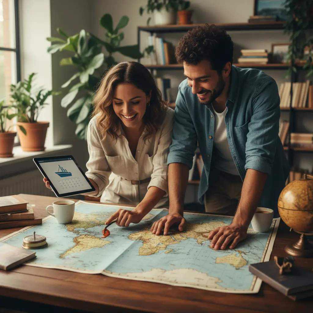 Dos personas sonrientes conectando y planificando un viaje en un mapa, representando el emparejamiento de compañeros de crucero de SoloCruz.