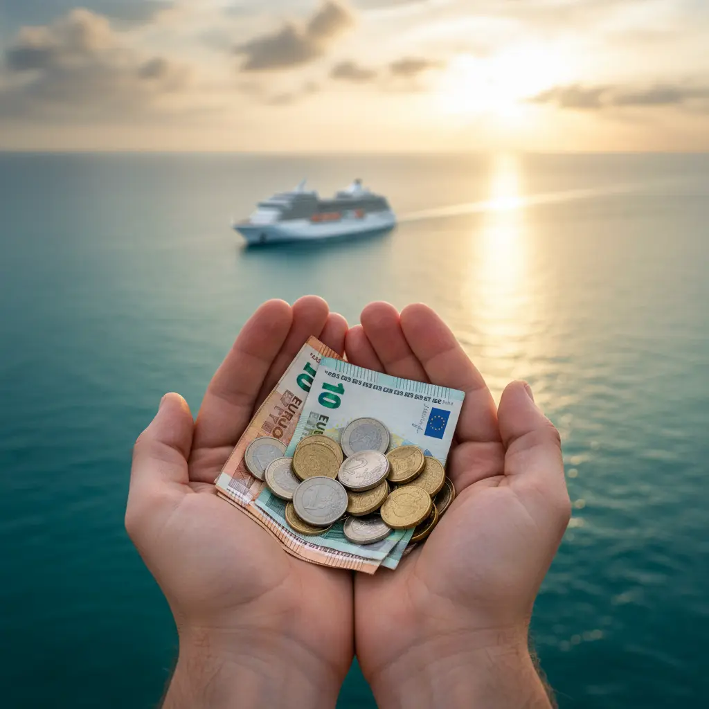 Manos sosteniendo monedas y billetes, con un pequeño crucero de fondo, simbolizando los ahorros al evitar el suplemento individual con SoloCruz.