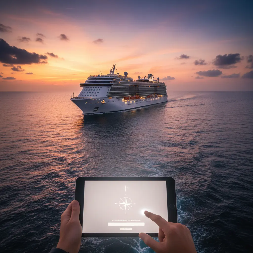 Un lujoso crucero en alta mar al atardecer, simbolizando la anticipación del acceso anticipado a SoloCruz y la promesa de futuras aventuras.