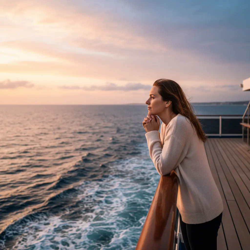 Nachdenkliche Frau blickt auf Meer von einem Kreuzfahrtschiff
