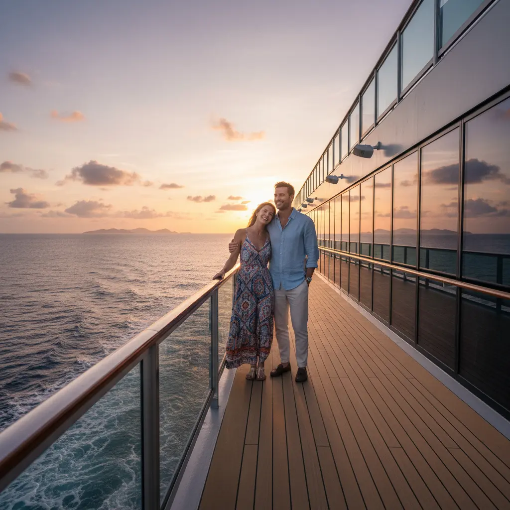 Glückliches Paar genießt den Ausblick auf dem Schiffsdeck einer Kreuzfahrt