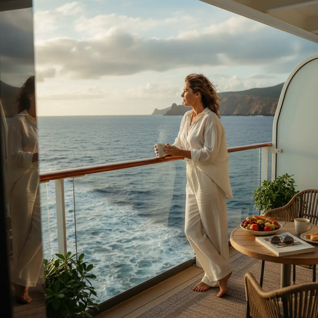Woman enjoying a cruise balcony view solo