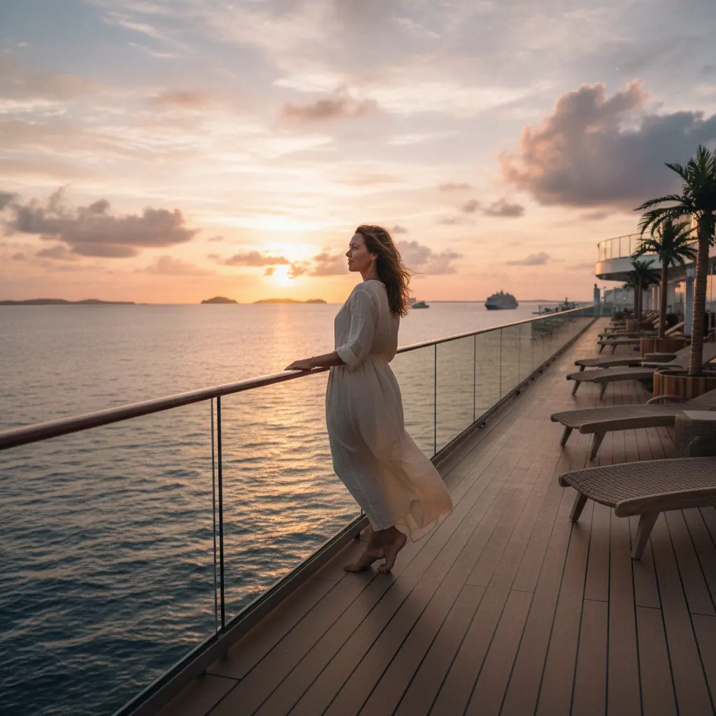 Un majestuoso crucero navegando al atardecer.