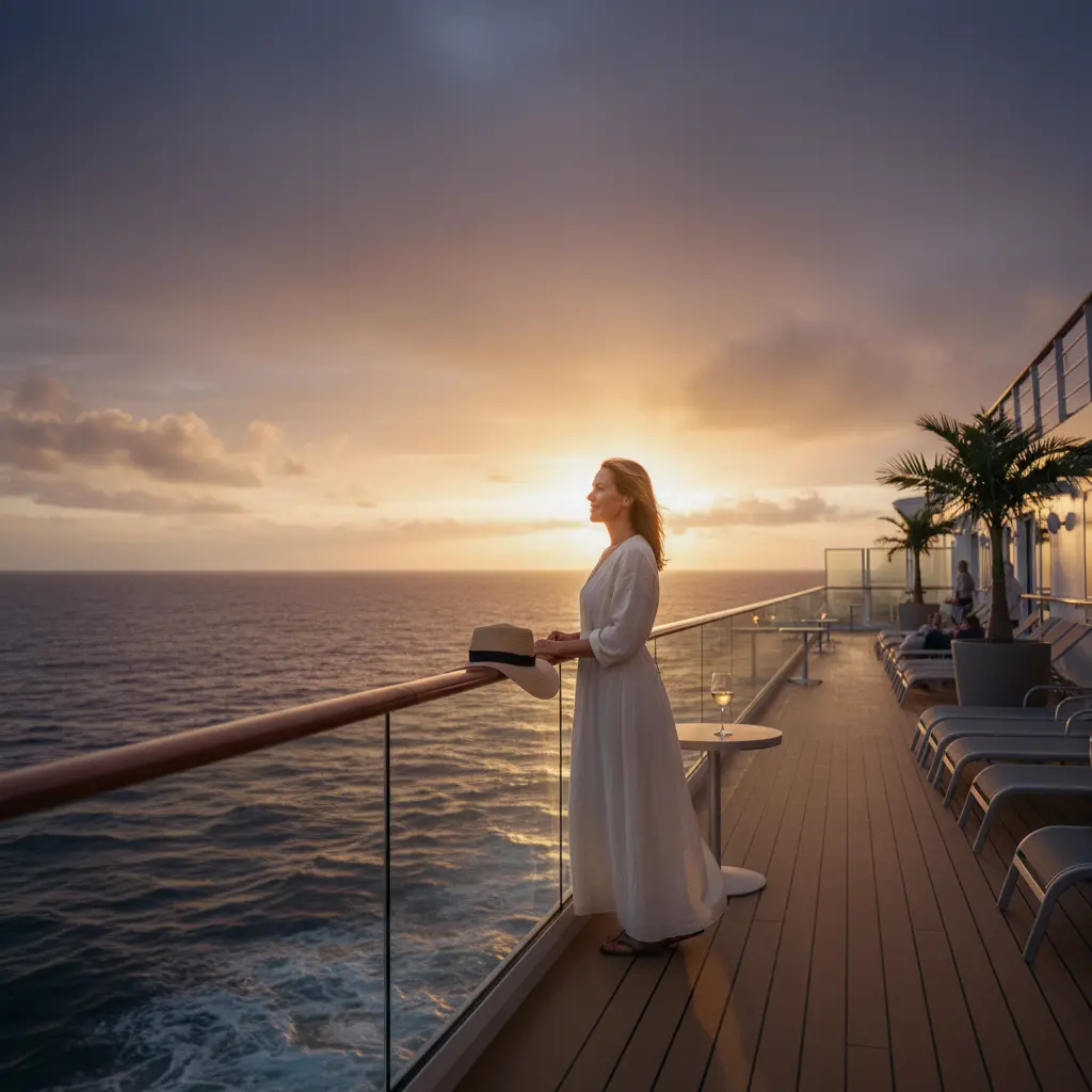 Woman enjoying sunset on a cruise deck