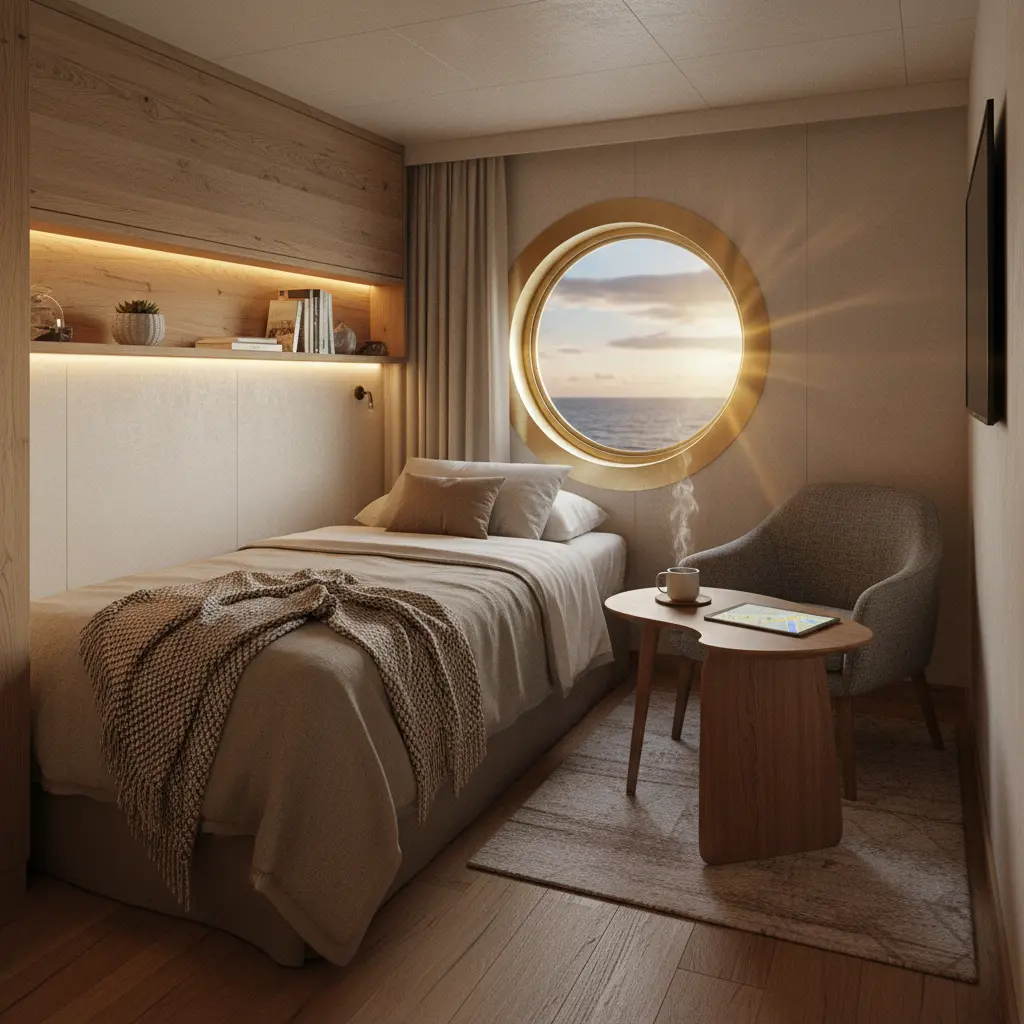 Cozy interior of a modern solo cruise cabin with a porthole view