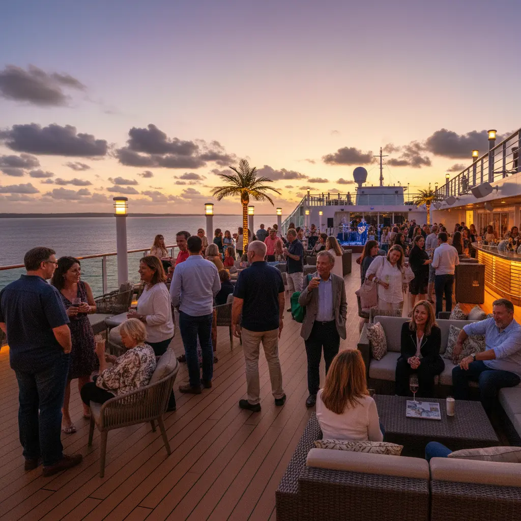 Lively cruise ship deck with people socializing, representing a solo-friendly atmosphere