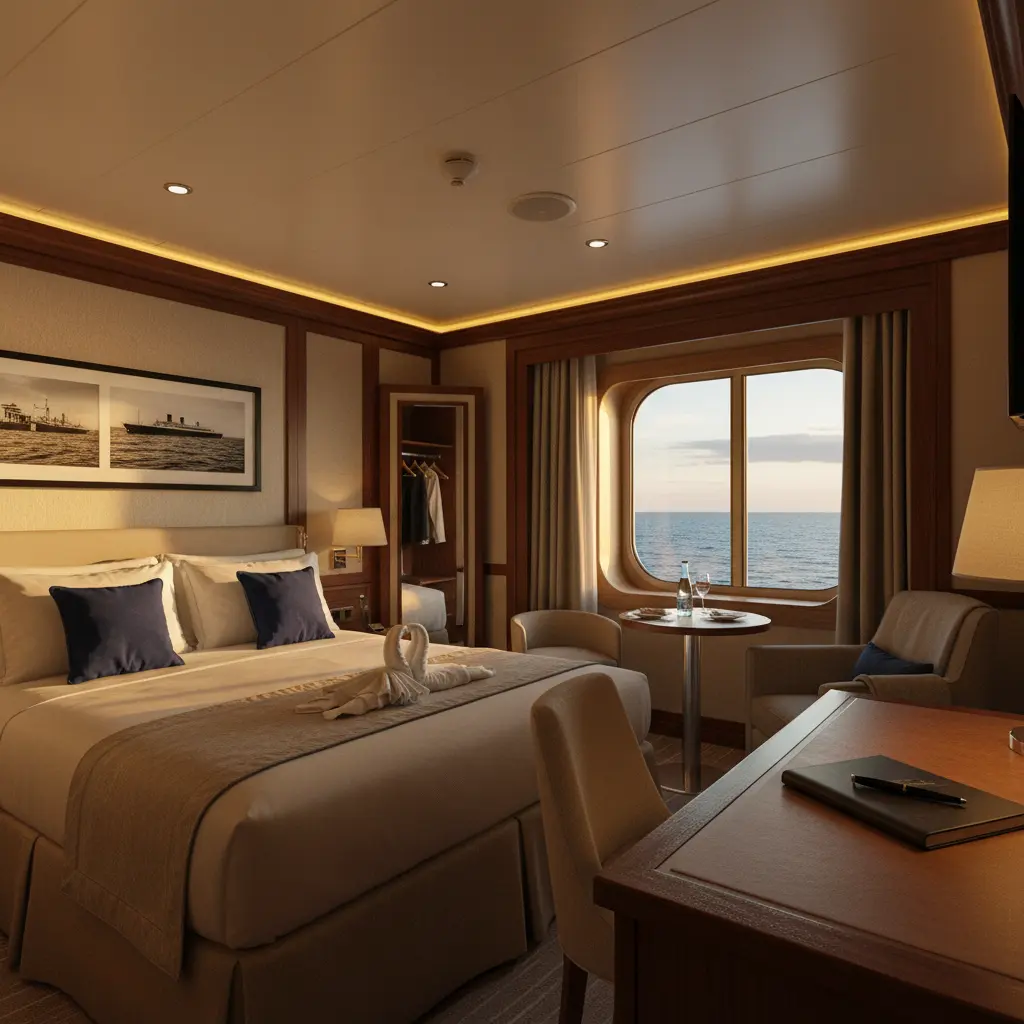 Elegant single cabin on a Cunard Line ship, designed for solo travelers.