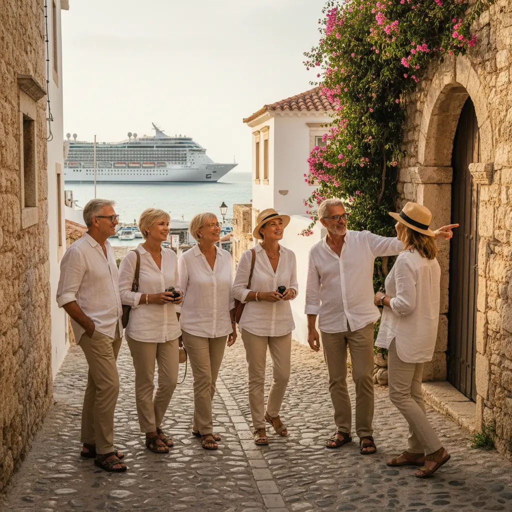 Group of mature travelers enjoying a guided tour on a shore excursion.