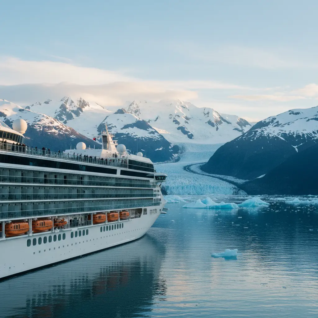 A large cruise ship sailing through a stunning Alaskan fjord with mountains and glaciers.