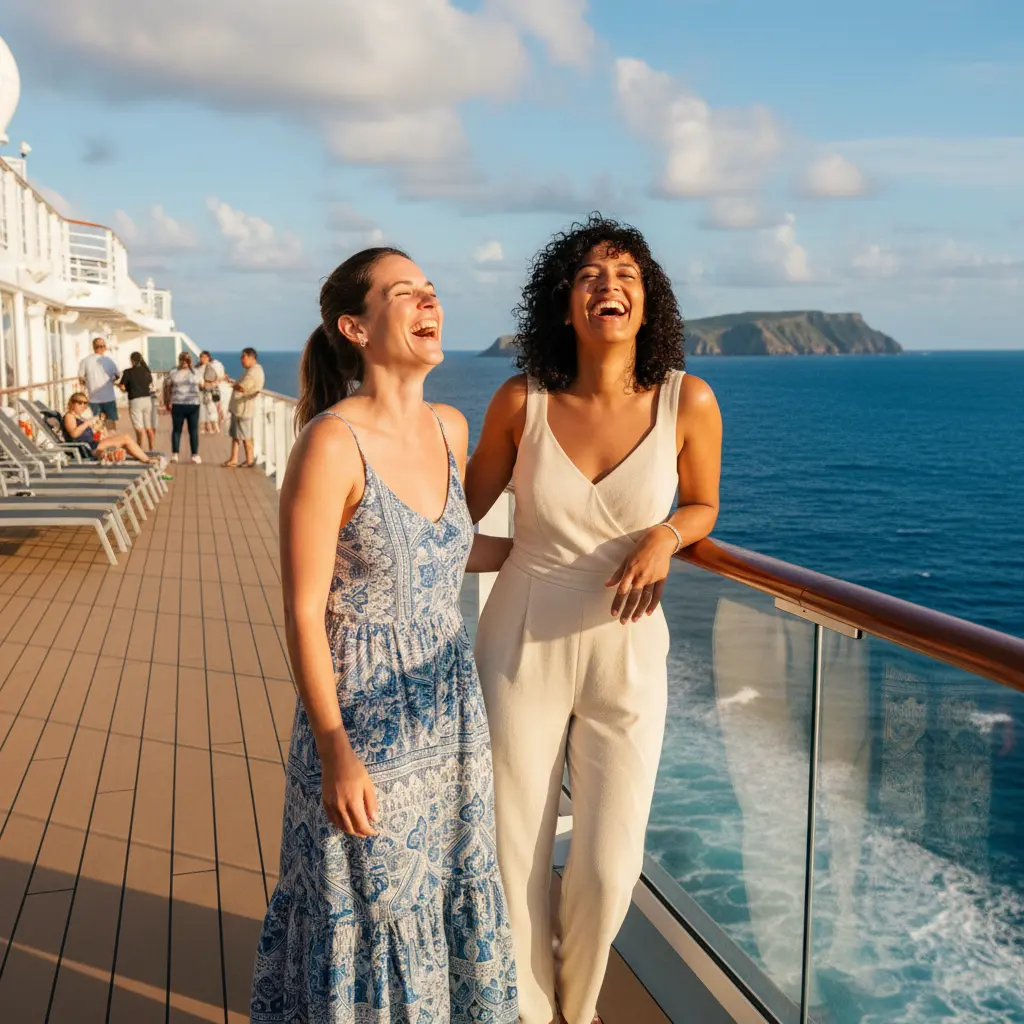 Zwei lachende Frauen auf dem Deck eines Kreuzfahrtschiffes