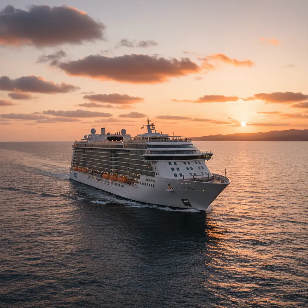 Luxuskreuzfahrtschiff bei Sonnenuntergang auf offener See