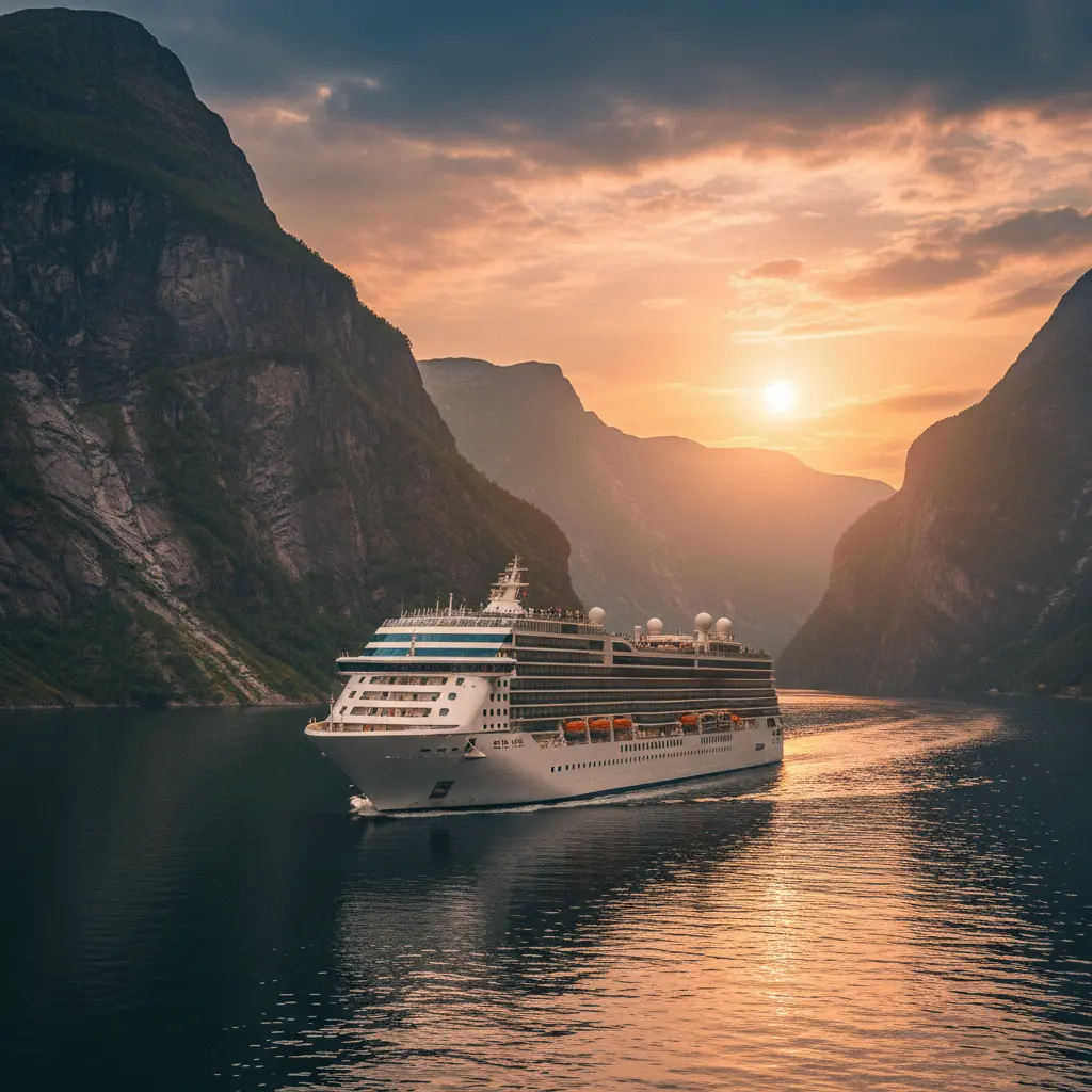 Kreuzfahrtschiff navigiert durch einen norwegischen Fjord bei Sonnenuntergang