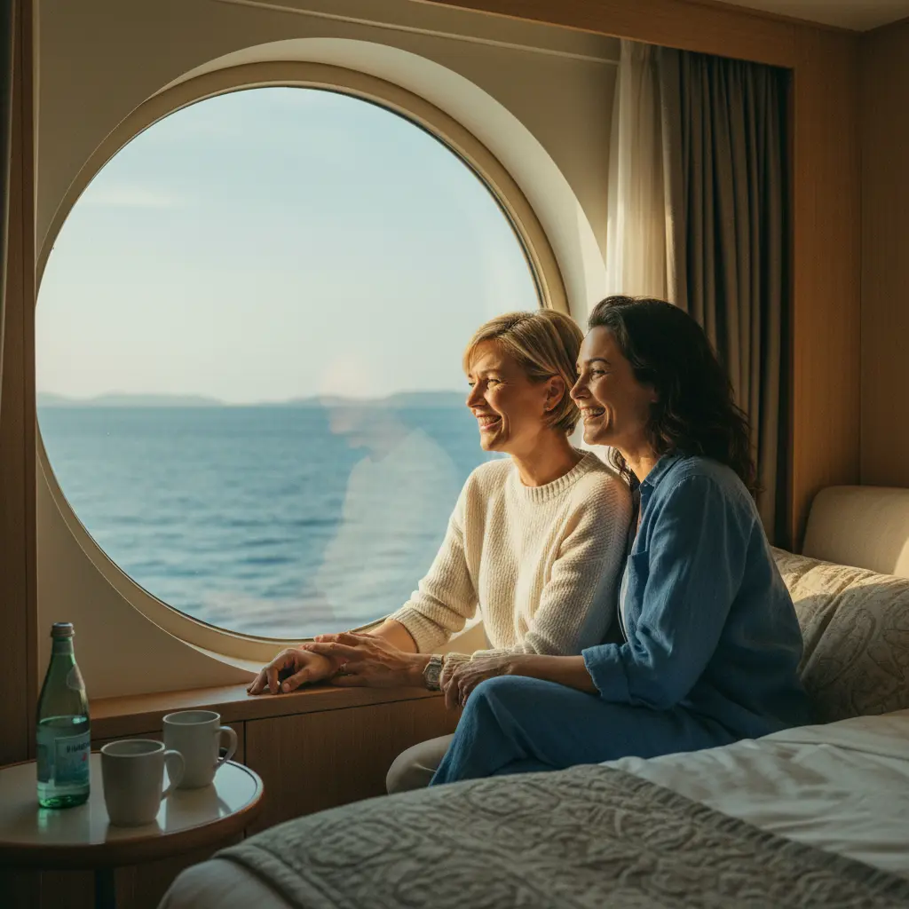 Kreuzfahrtschiff navigiert durch einen norwegischen Fjord bei Sonnenuntergang