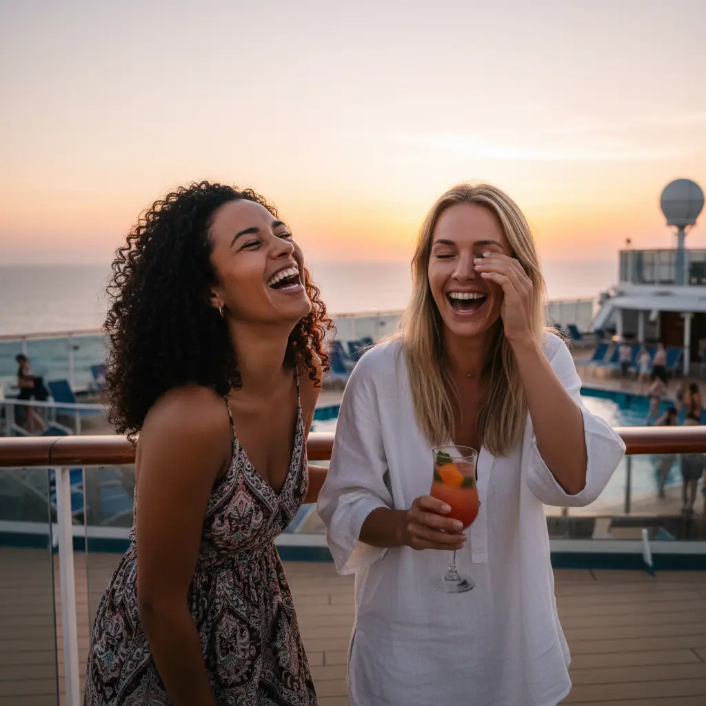Dos mujeres riendo y disfrutando de un crucero juntas