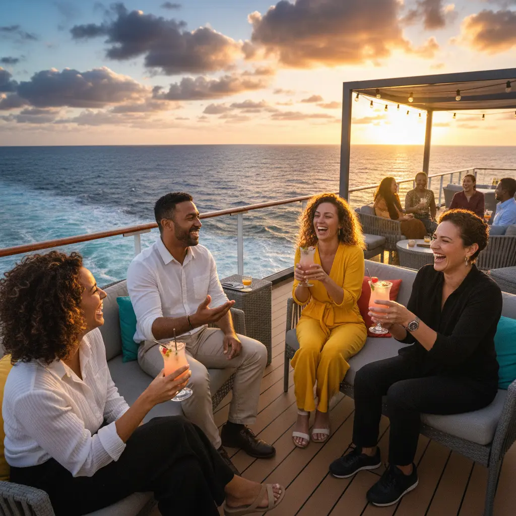 Grupo de personas interactuando felizmente en la cubierta de un crucero