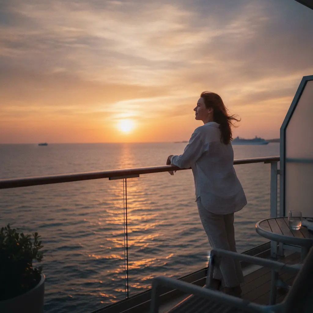 Solo cruise passenger enjoying an ocean sunset from a private balcony