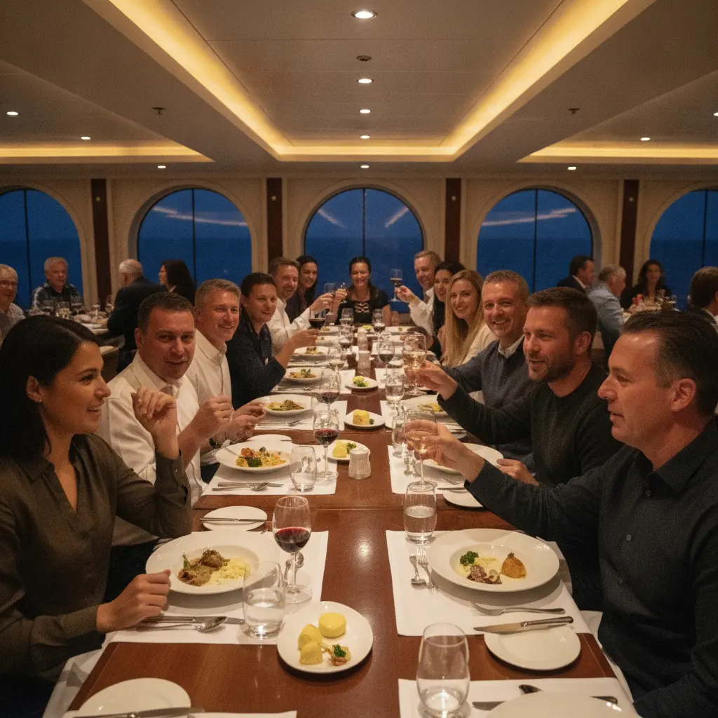 A large group of cruise travelers sharing dinner at a reserved table in the main dining room