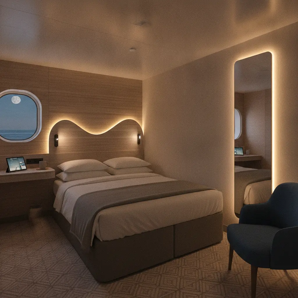 Contemporary solo studio stateroom with ambient LED lighting and full-sized bed