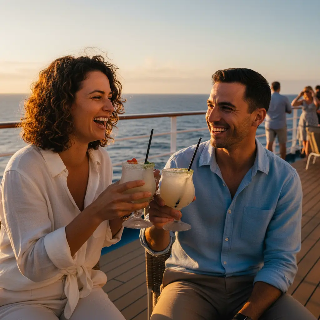 Deux personnes souriantes partageant une boisson sur le pont d'un navire de croisière, symbolisant le partage d'expérience.