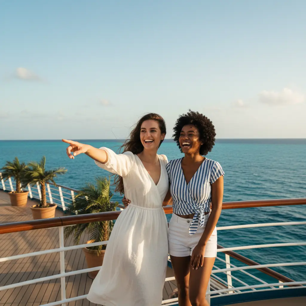 Deux femmes riant ensemble sur le pont d'un navire de croisière, symbolisant la communauté SoloCruz