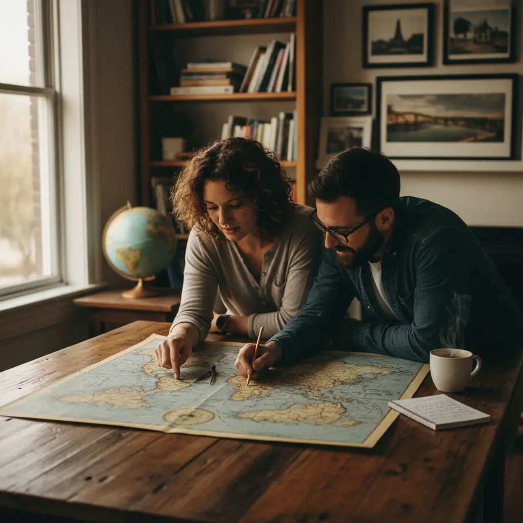 Deux personnes regardant une carte du monde, planifiant un voyage ensemble