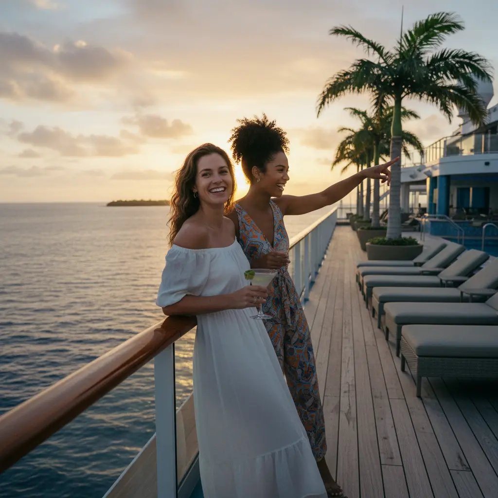 Deux amies profitant du pont d'un navire de croisière