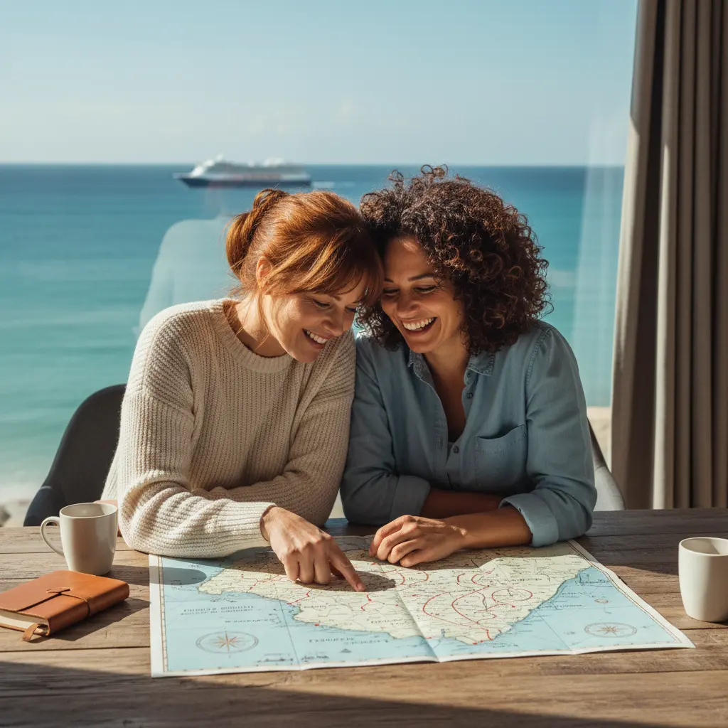 Deux femmes regardant une carte de croisière et souriant