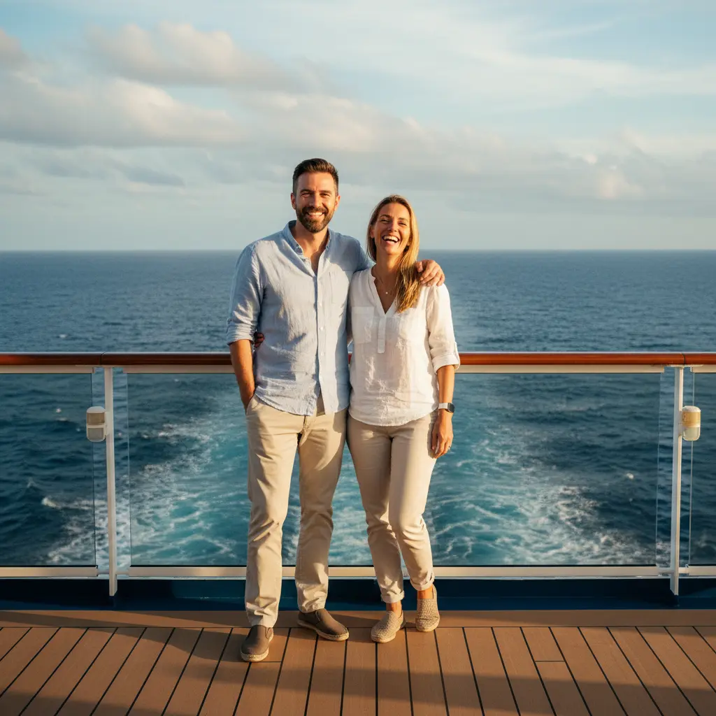 Deux personnes souriantes sur le pont d'un navire de croisière avec l'océan en arrière-plan