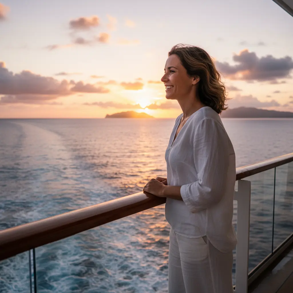 Une femme souriante regardant le coucher de soleil depuis un balcon de croisière