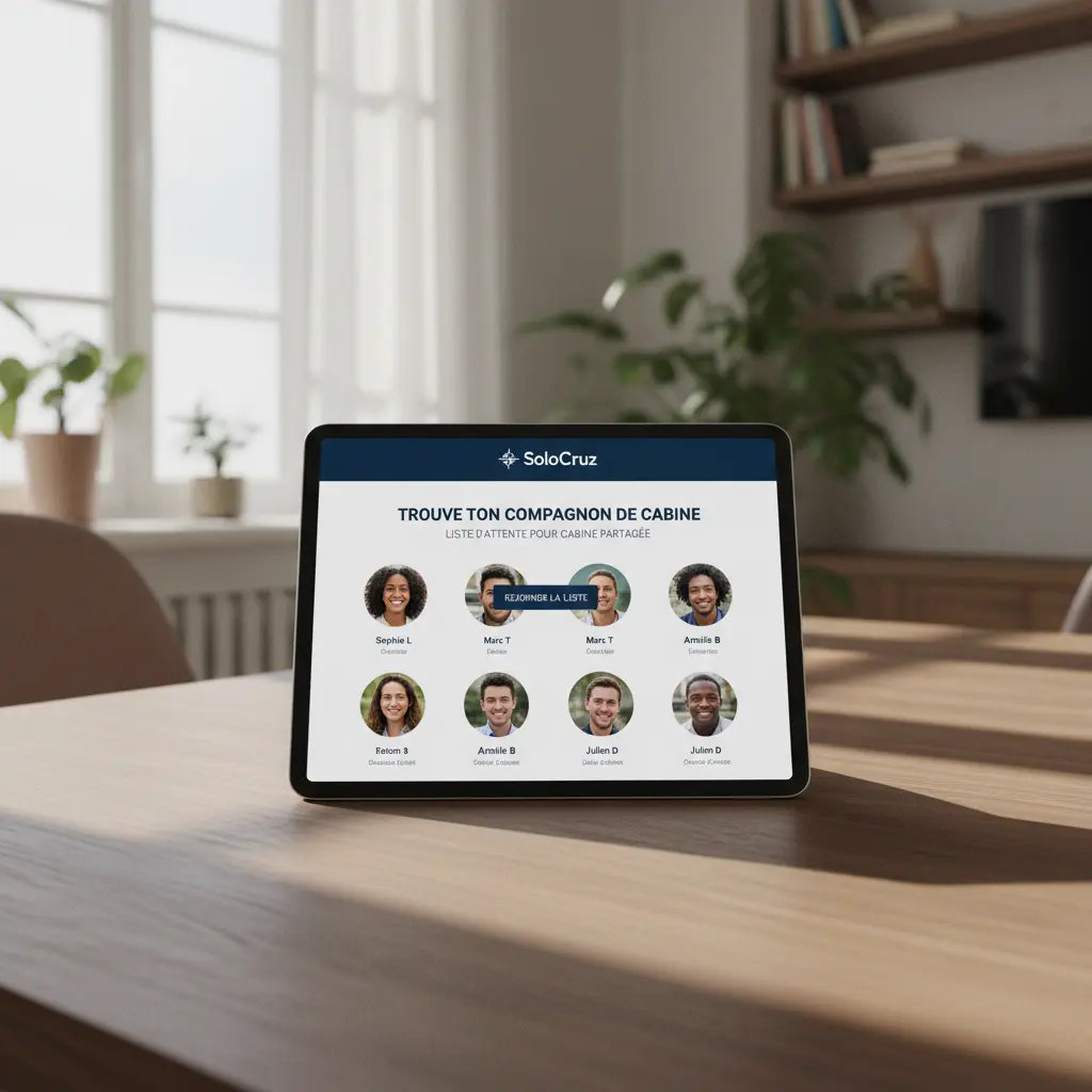 Interface de la plateforme SoloCruz pour trouver un compagnon de cabine