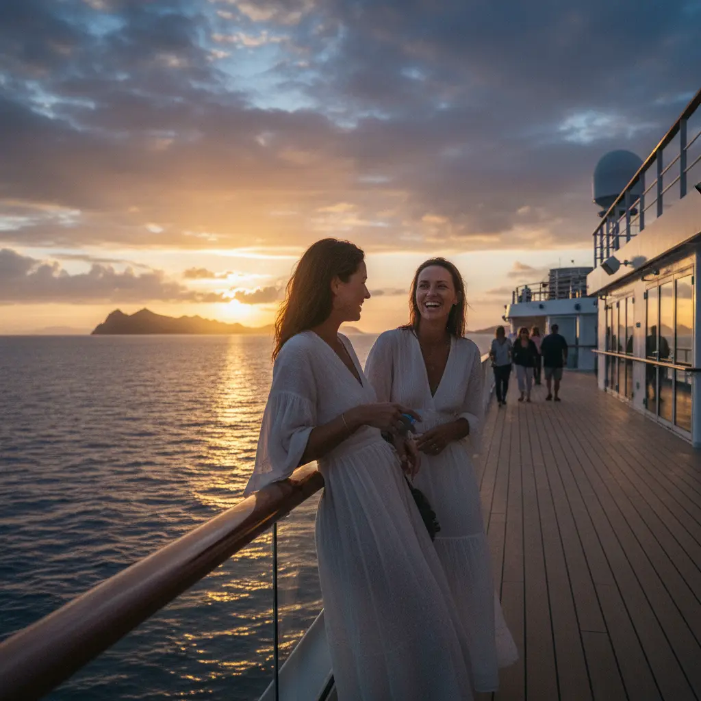Deux amies souriantes discutant sur le pont d'un bateau de croisière au coucher du soleil