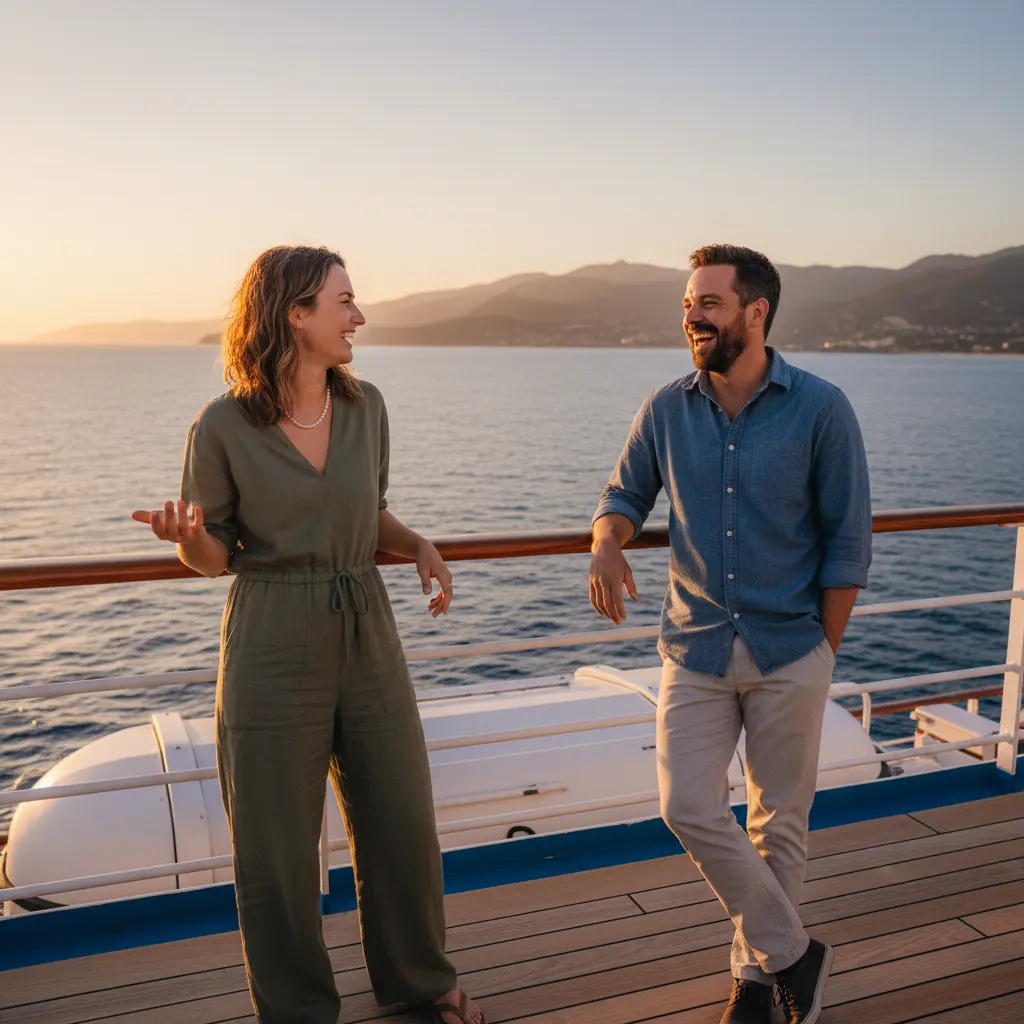 Dos viajeros conversando alegremente en la cubierta de un crucero