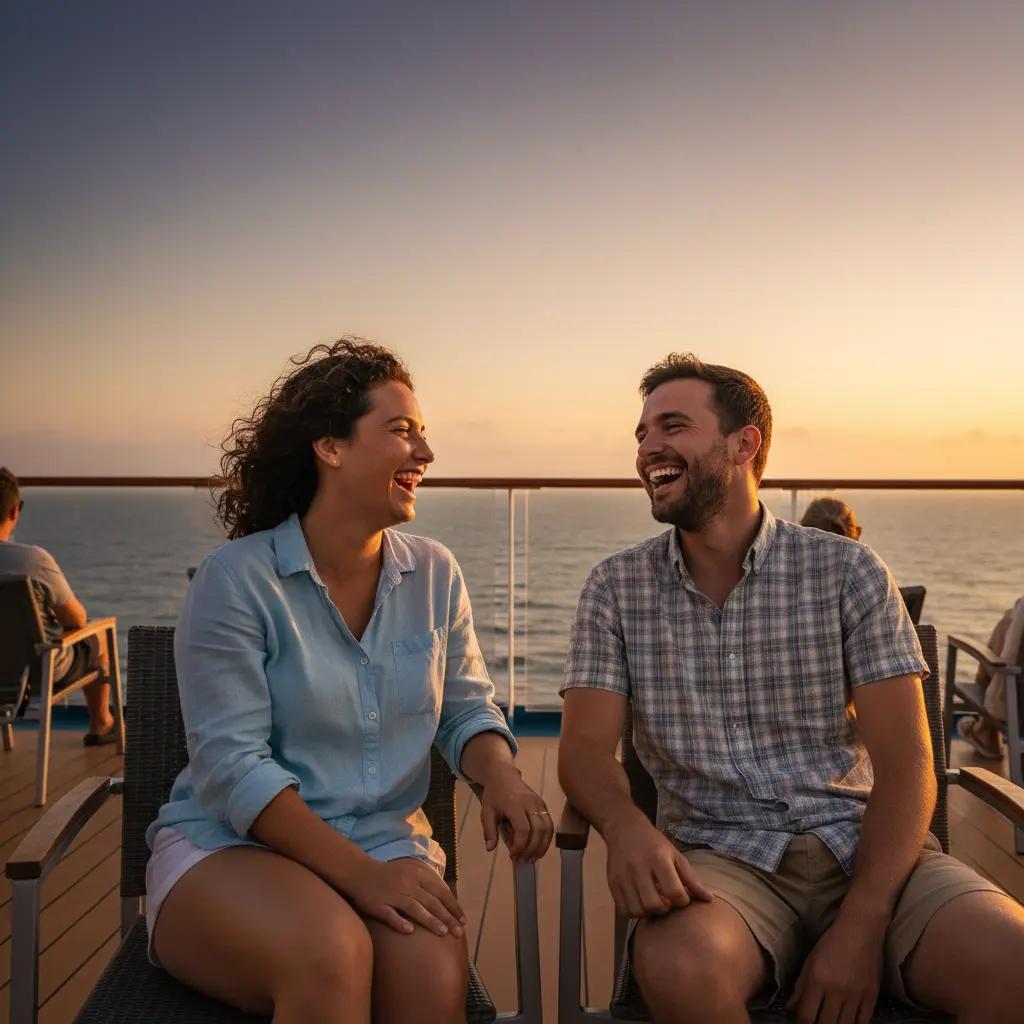 Dos personas riendo en la cubierta de un crucero, representando los beneficios de compartir cabina.