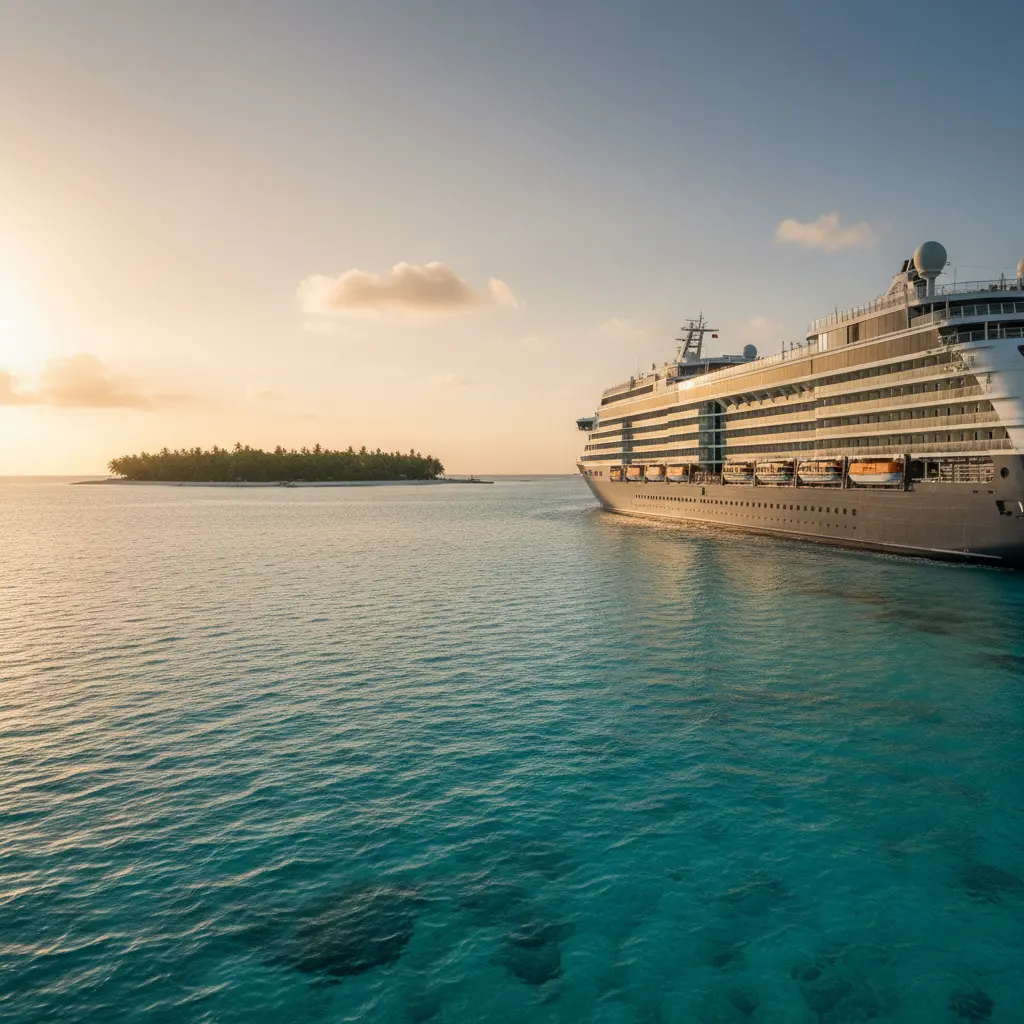 Un lujoso crucero navegando por aguas turquesas hacia una isla tropical, ideal para compartir cabina.