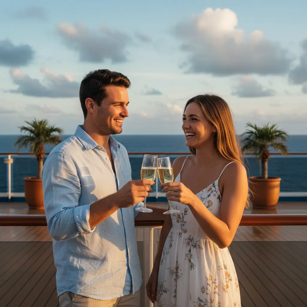 Dos personas sonriendo y brindando en la cubierta de un crucero.
