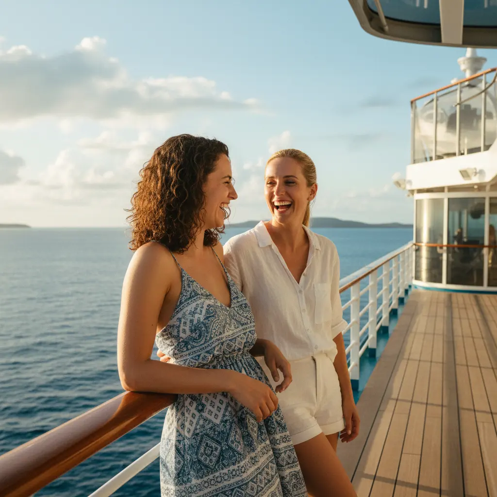 Dos mujeres riendo en la cubierta de un crucero, representando la amistad en un viaje compartido.