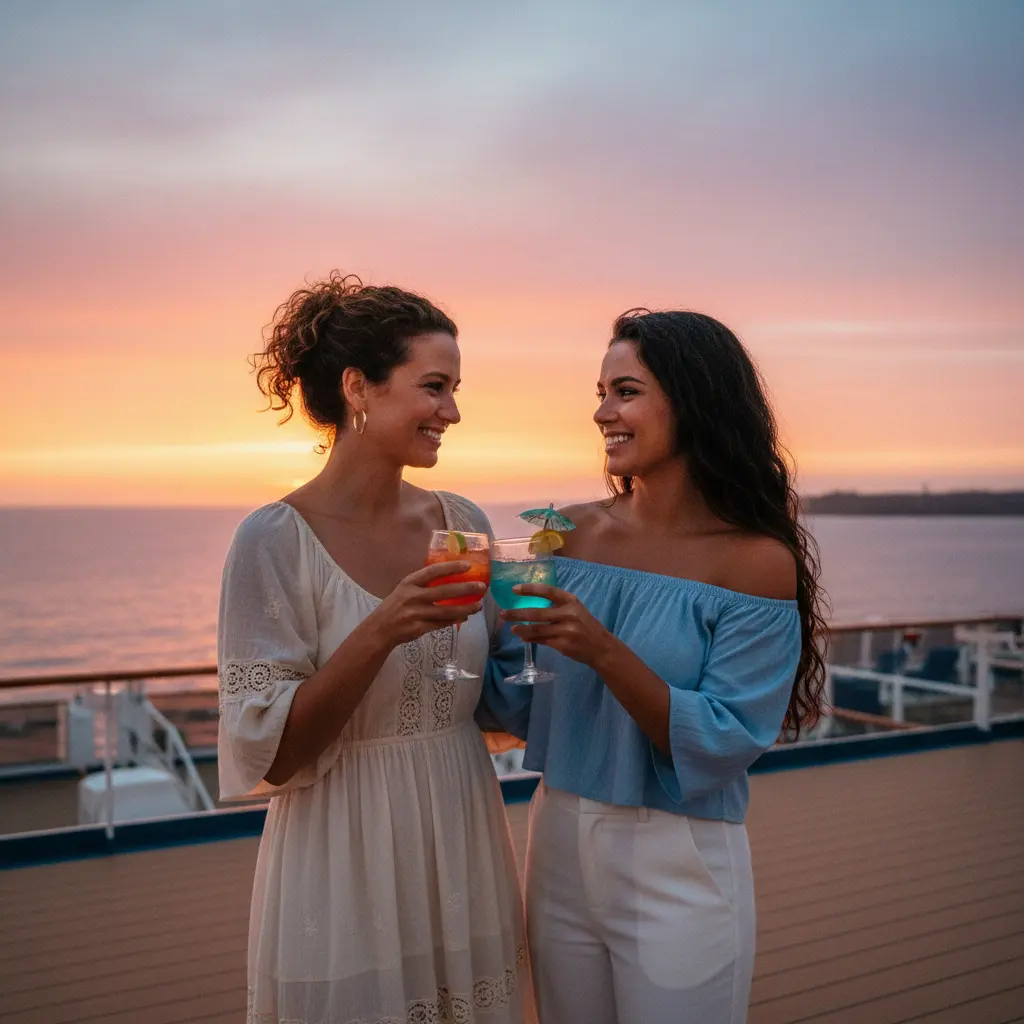 Dos mujeres brindando con bebidas en la cubierta de un crucero al atardecer