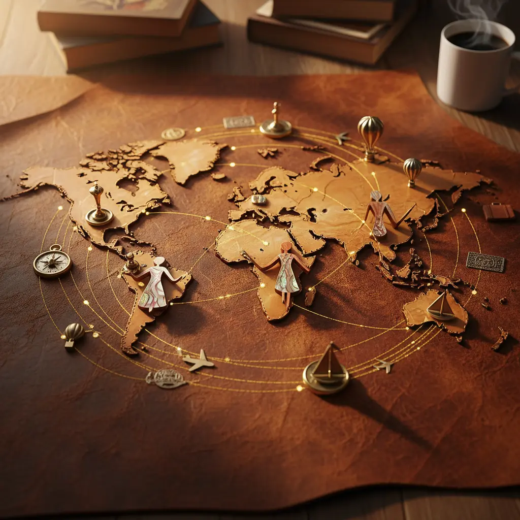 Mapa mundi estilizado con iconos de viaje y figuras femeninas, simbolizando la conexión global