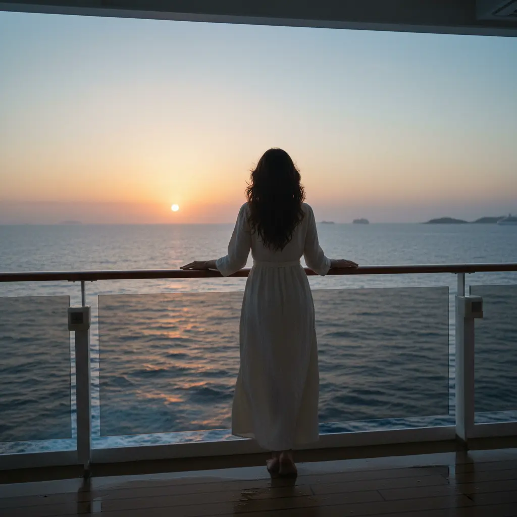 Mujer de espaldas contemplando el vasto océano desde la cubierta de un crucero al amanecer