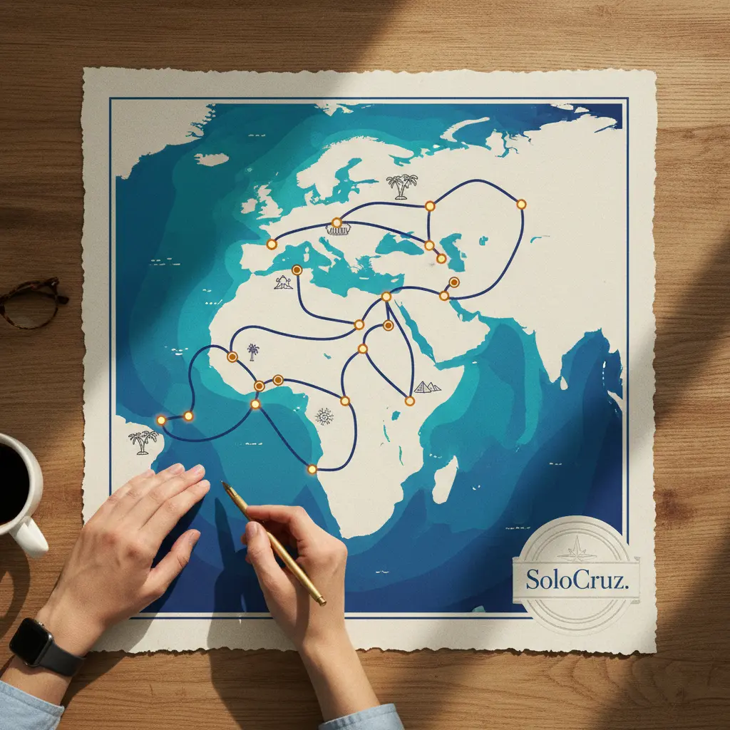 Mapa de rutas de cruceros con puntos de interés y la marca SoloCruz.