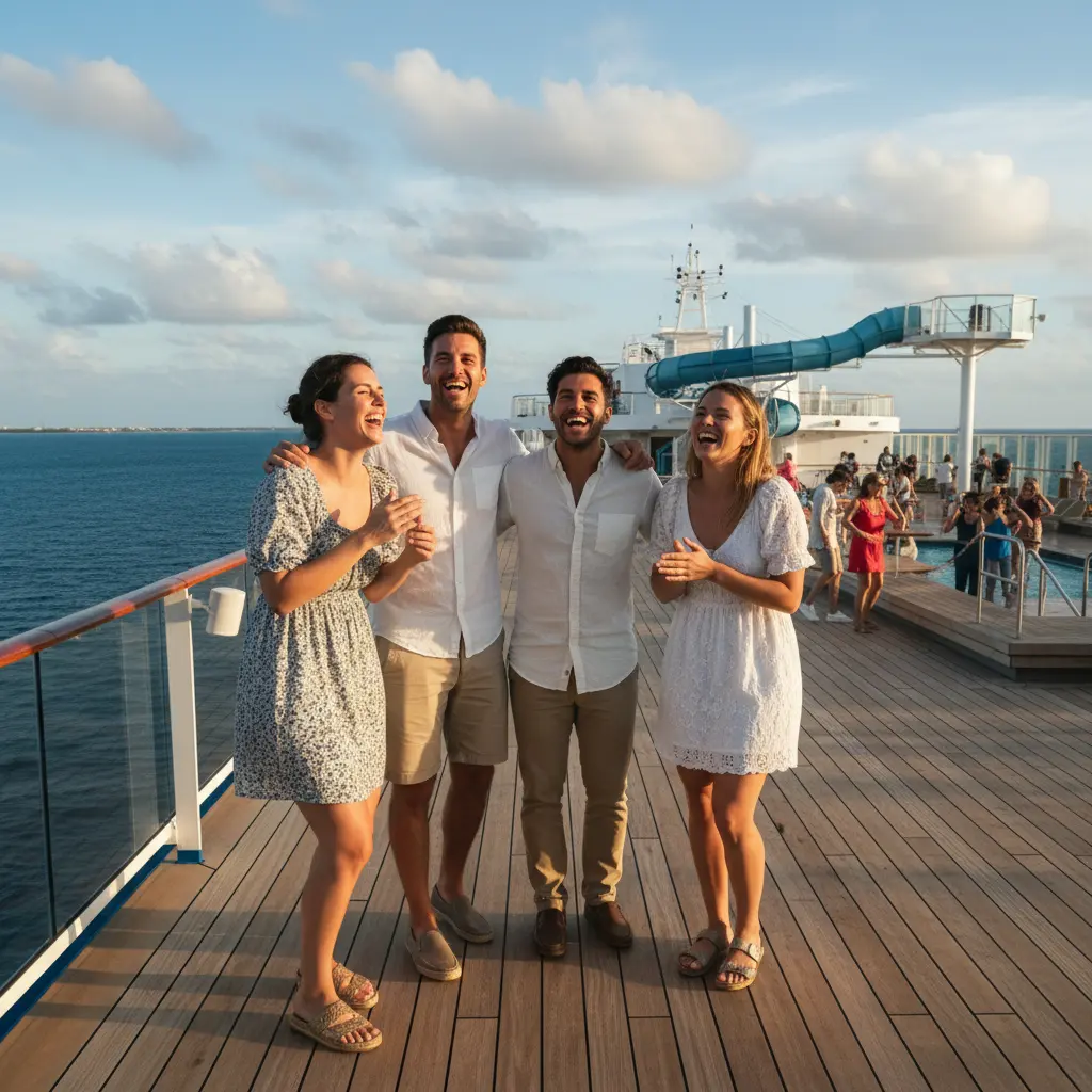 Un grupo de amigos riendo y disfrutando de las actividades en la cubierta de un crucero.