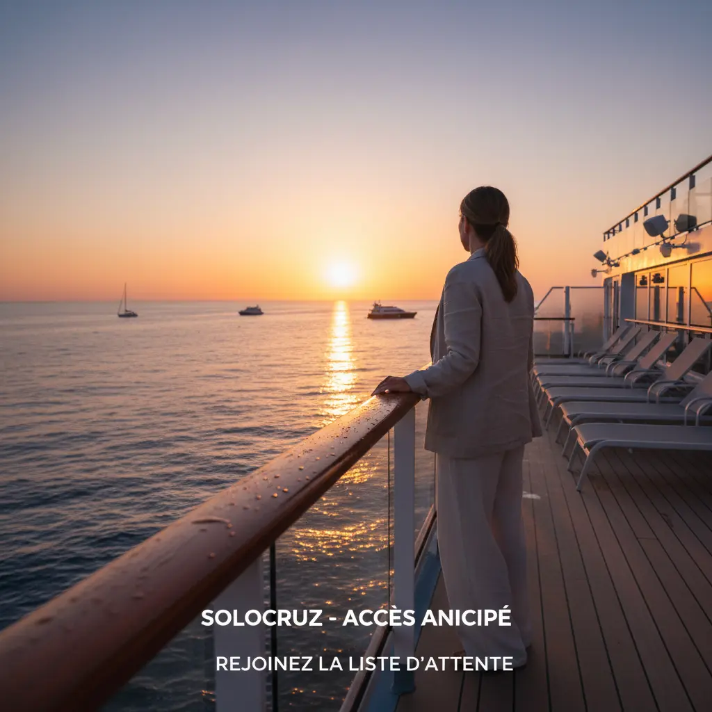 Personne regardant le coucher de soleil sur un navire de croisière en attente de ses compagnons de voyage