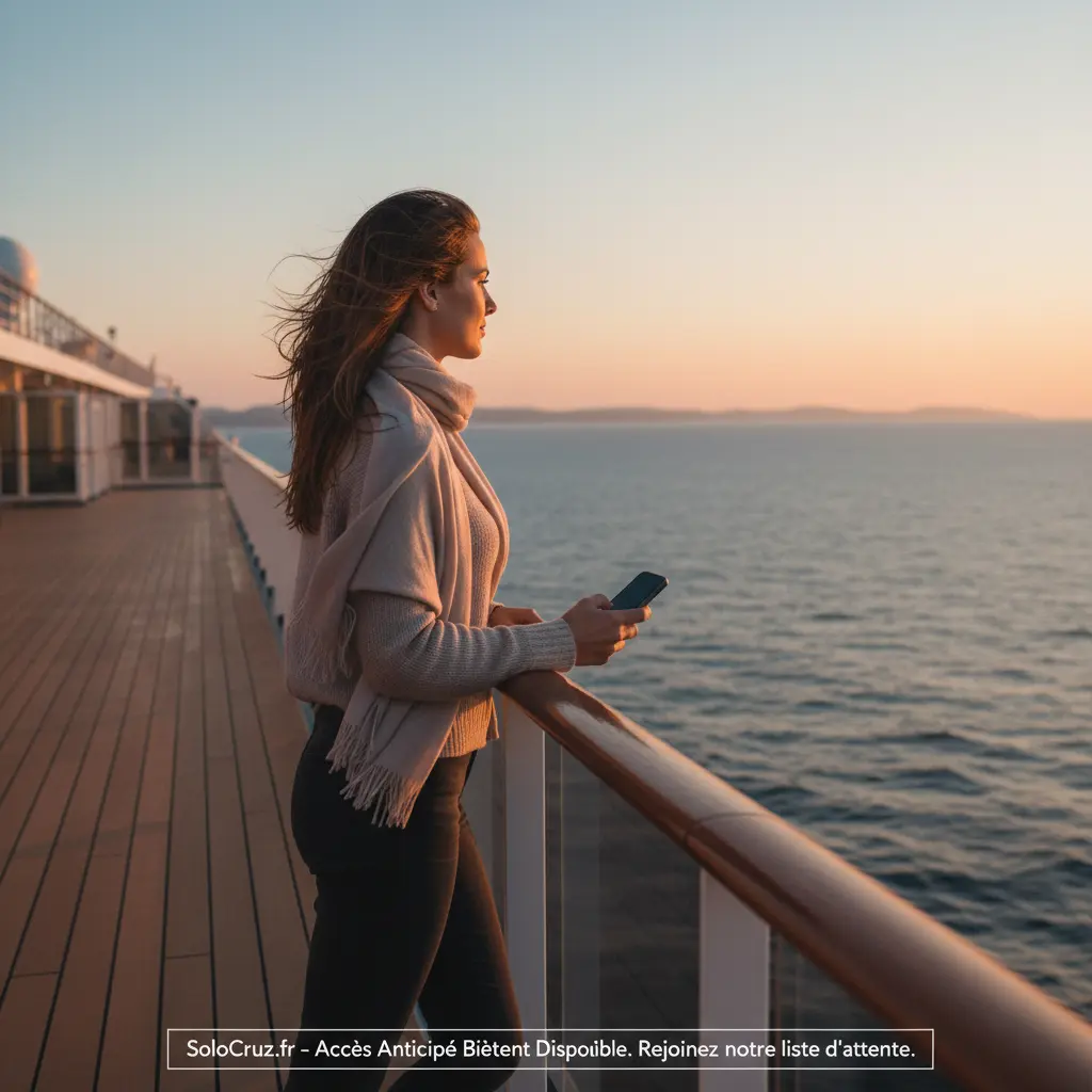 Voyageuse solo regardant l'horizon depuis le pont d'un navire de croisière, rêvant de nouvelles rencontres