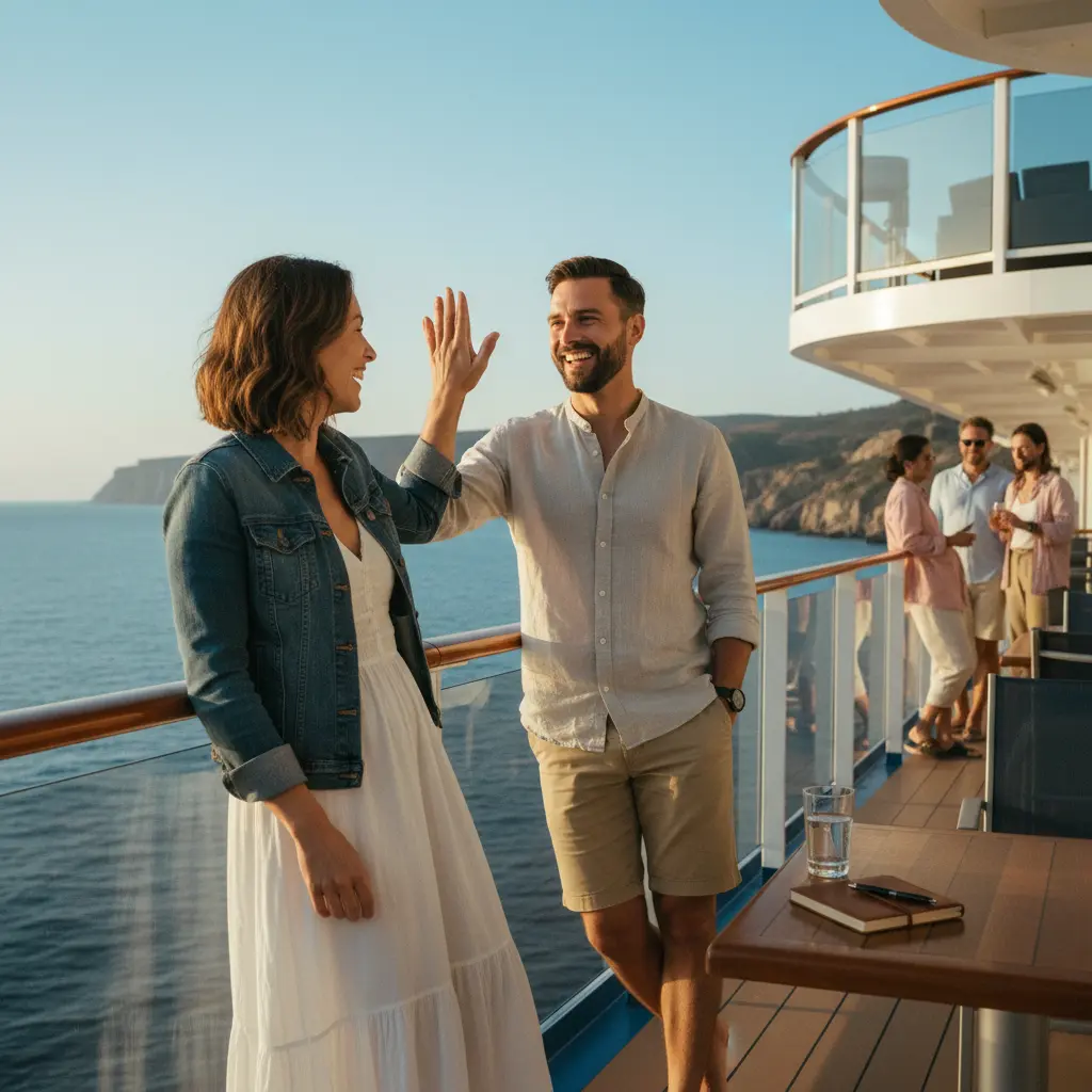 Deux personnes souriantes connectant sur un navire de croisière, symbolisant la rencontre de compagnons de voyage et l'esprit de partage