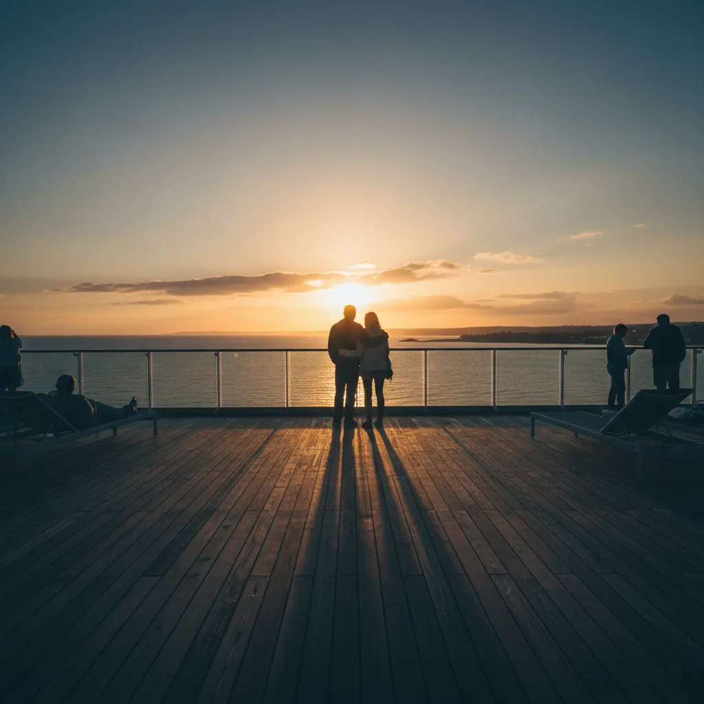 Un couple regardant un coucher de soleil depuis le pont d'un bateau de croisière.