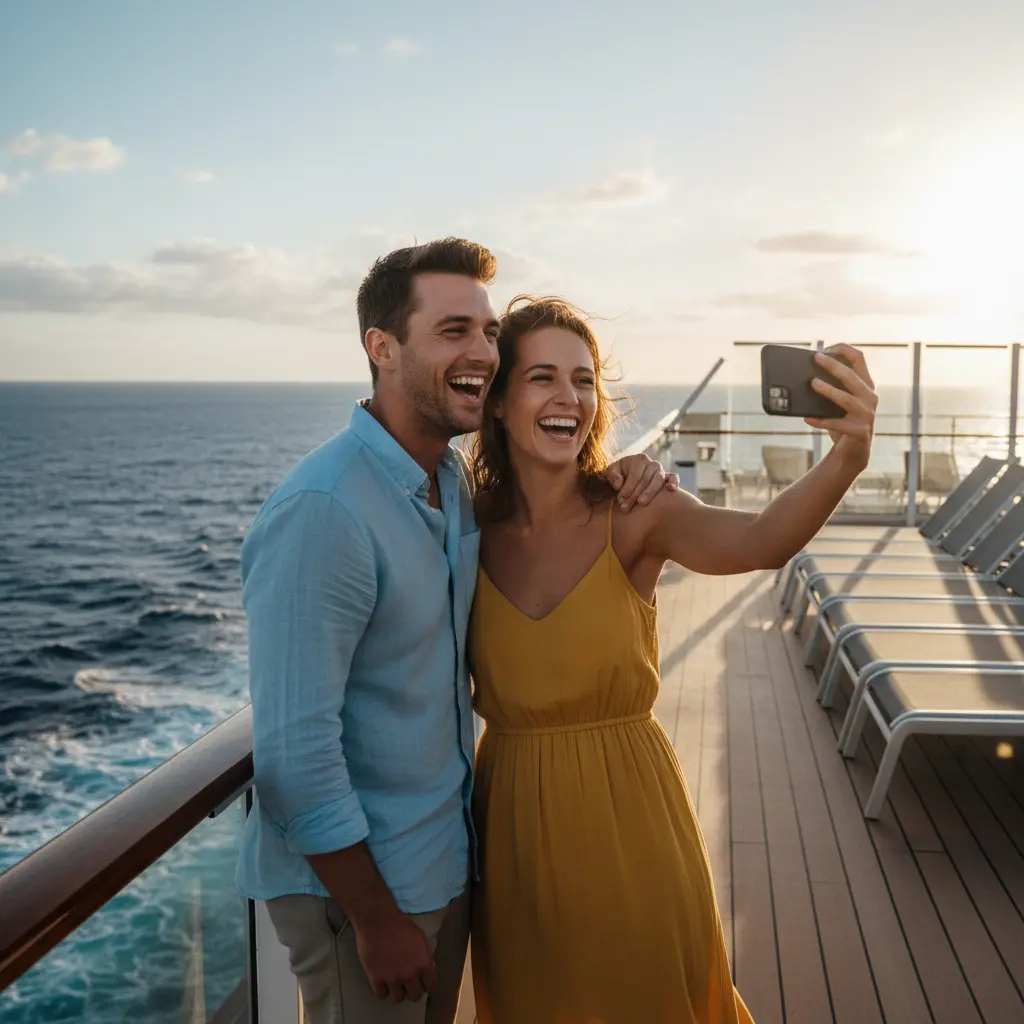 Deux amis riant et prenant un selfie sur le pont d'un navire de croisière.