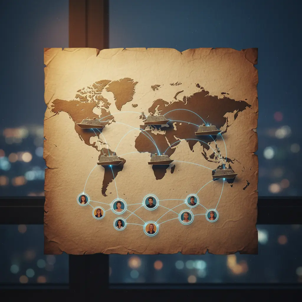 Une carte du monde avec des icônes de bateaux de croisière et des points de connexion, symbolisant la communauté SoloCruz.