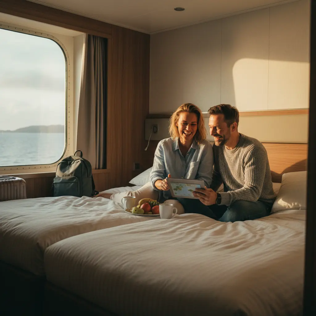 Deux voyageurs souriants partageant une cabine de croisière, symbolisant les économies réalisées grâce au partage.