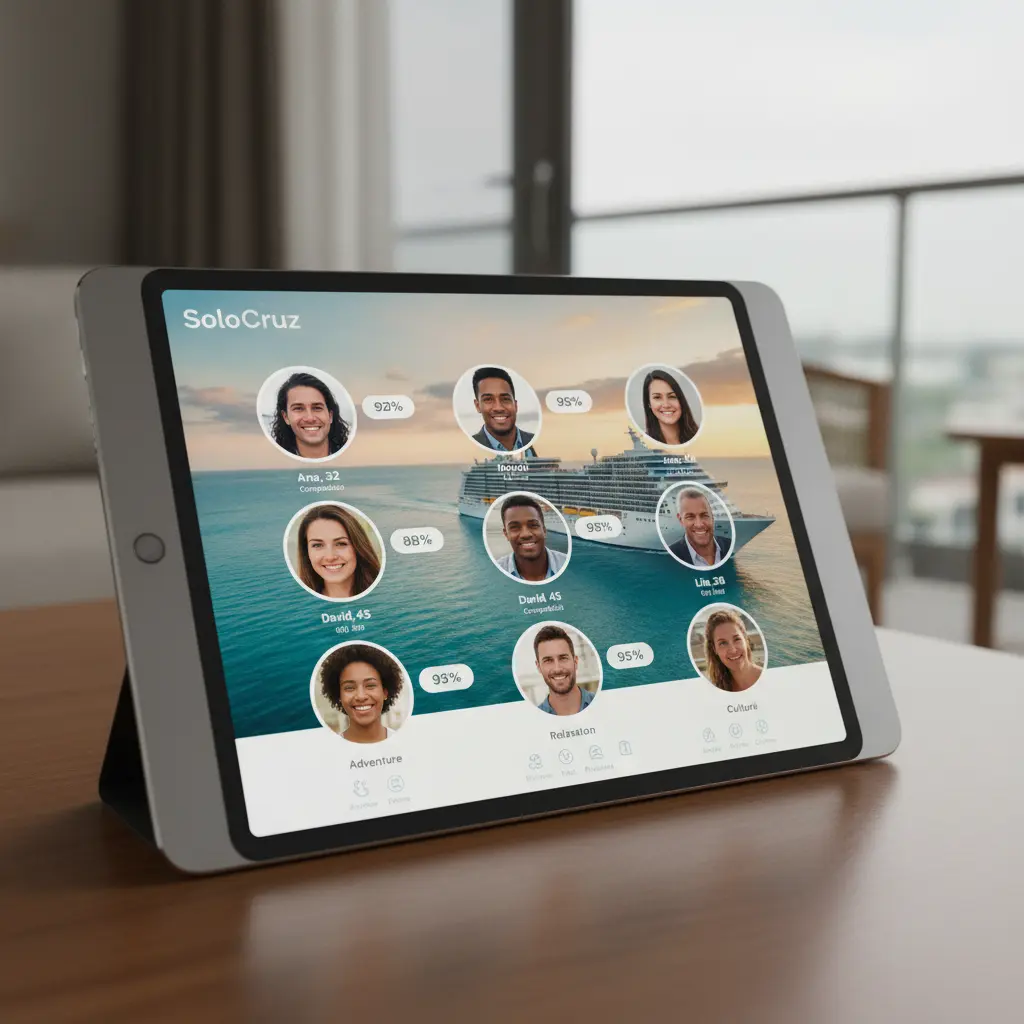Capture d'écran conceptuelle de l'interface SoloCruz affichant des profils de voyageurs compatibles.